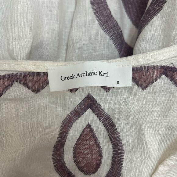 Greek Archaic Kori White Linen Blouse with Purple Embroidery - Picture 5 of 7